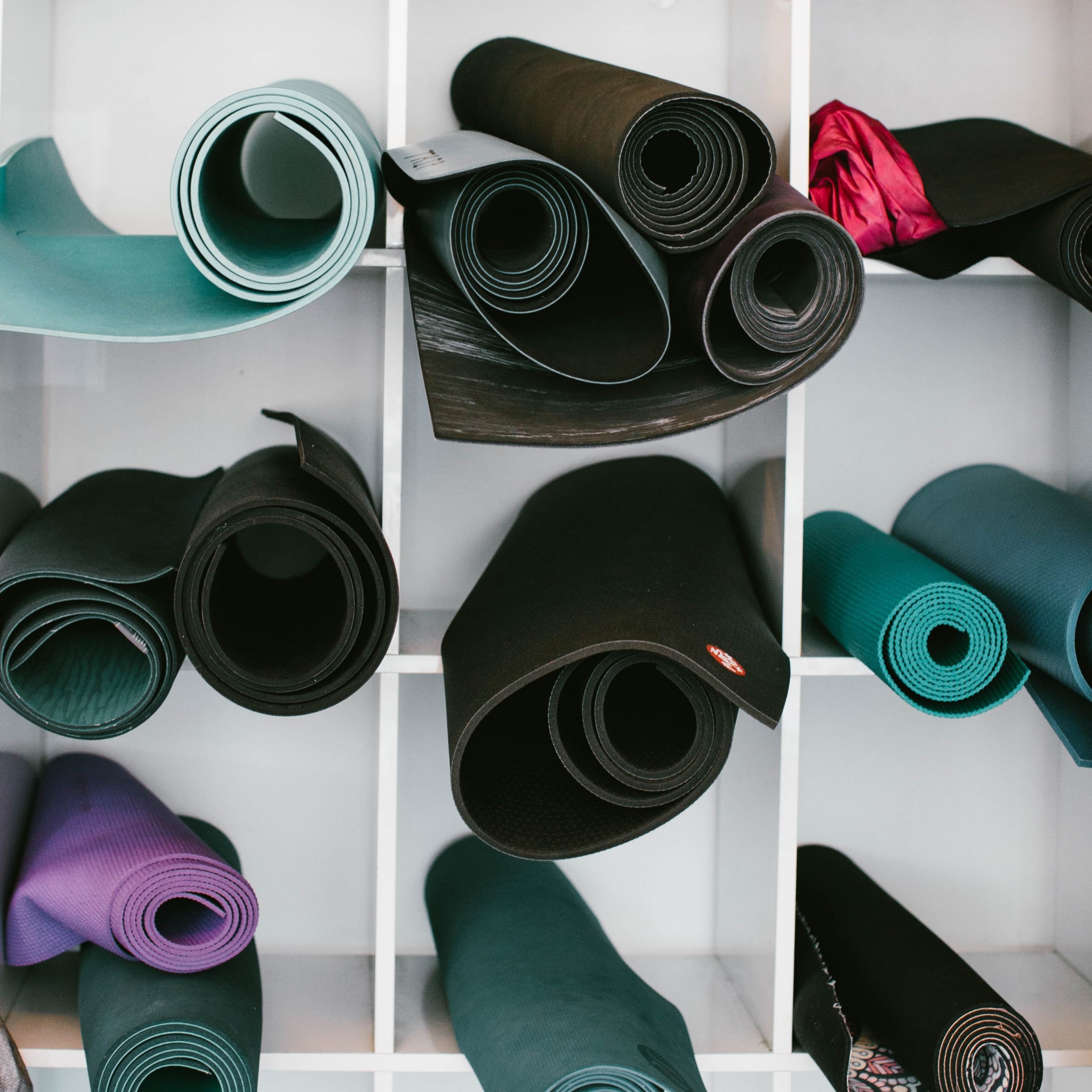 yoga mats on shelves