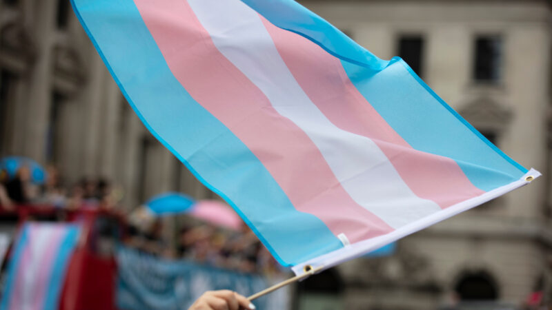 Blue, Pink, and white trans pride flag waving in the air